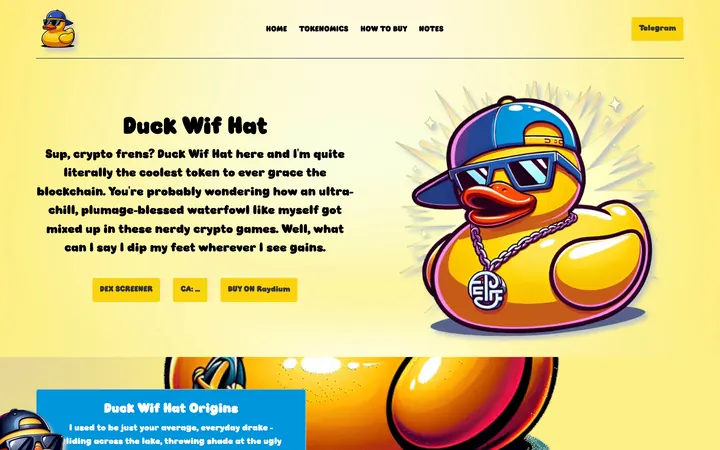 Duck Wif Hat meme coin website, a yellow hero