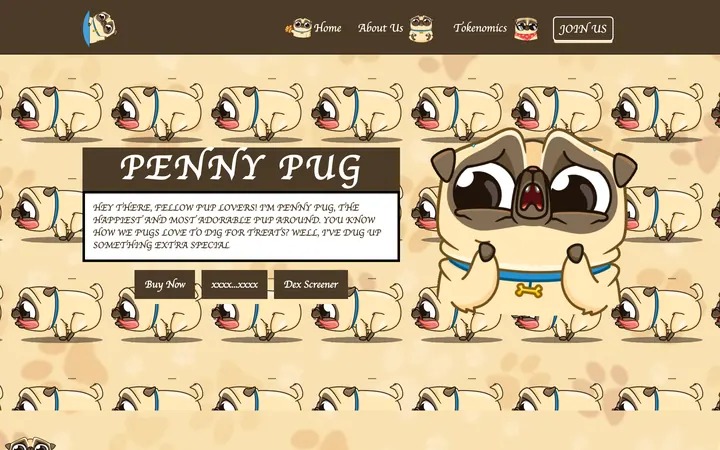$PennyPug meme coin website, a yellow hero