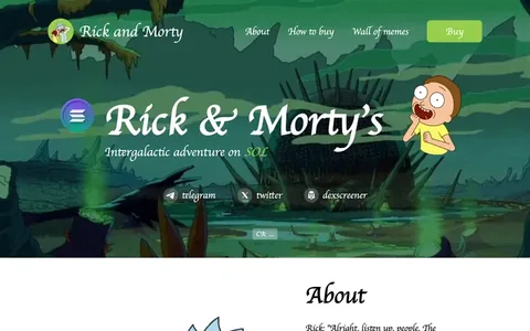 Rick and Morty meme coin website, a teal hero